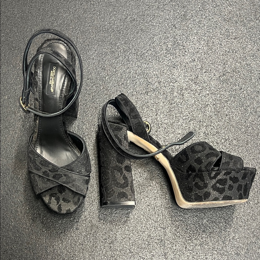 Dolce & Gabbana Sparkly Black Leopard-Print Platform Sandals with Ankle Strap